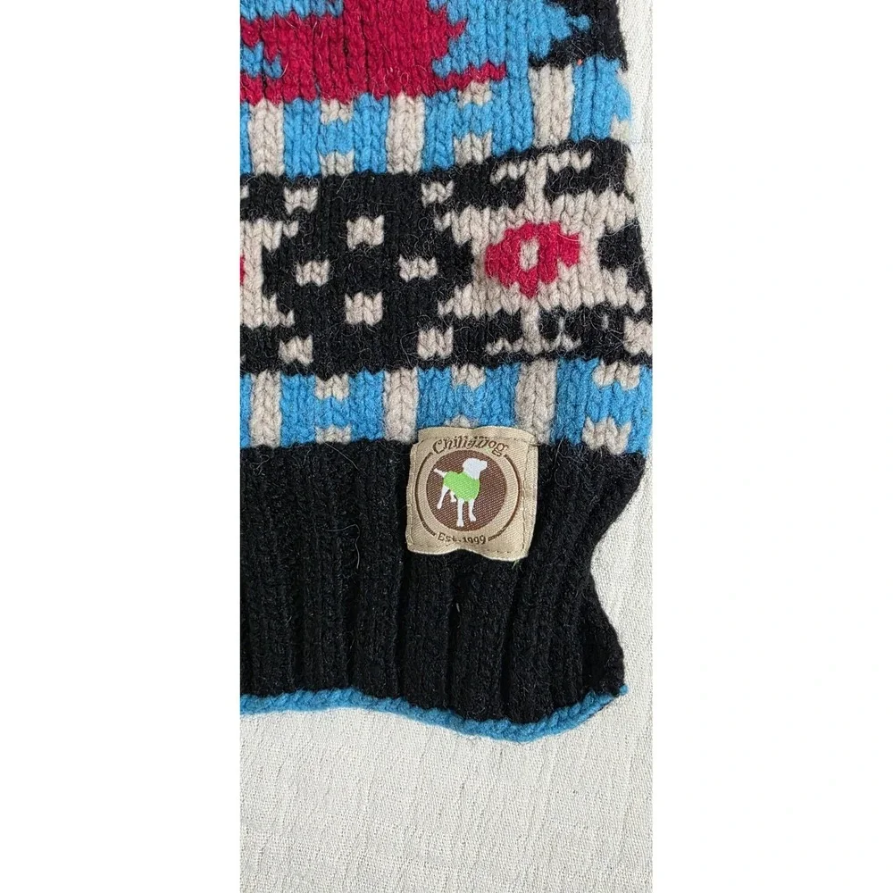 Chilly Dog‎ Sweater Sz L Black Red Blue 100% Wool Aztec Tribal Warm Thick Winter